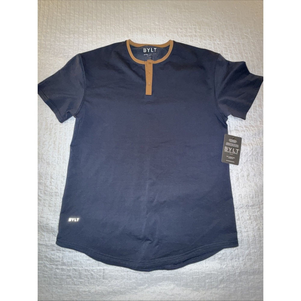 NWT Bylt Drop Cut Henley Brown Trim Short Sleeve Shirt Men's Small